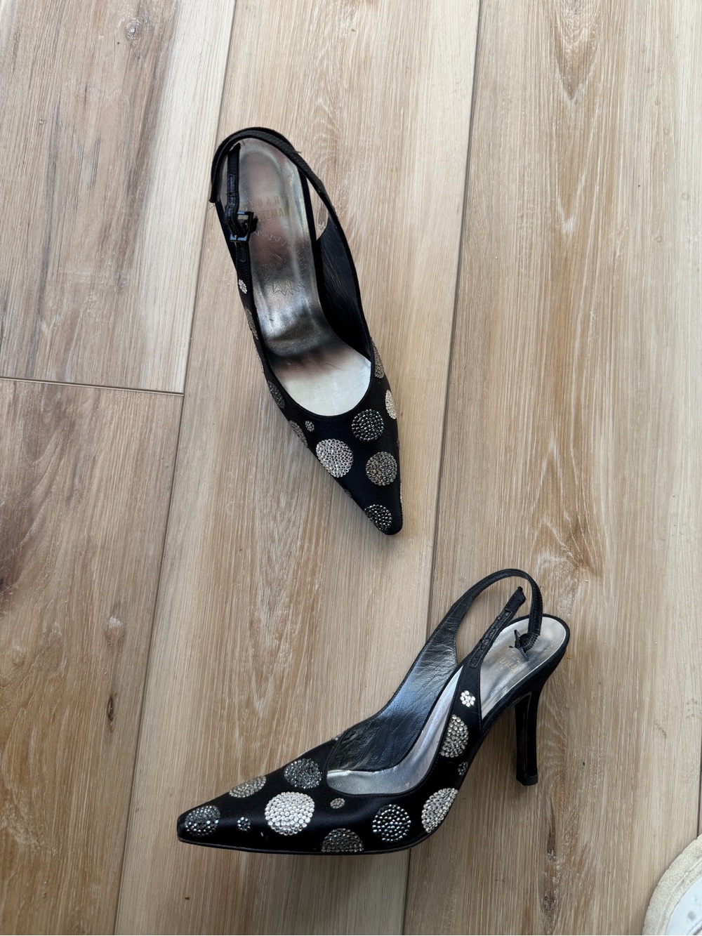 Stuart Weitzman Black Slingback Heels with Silver Polka Dot Embellishments